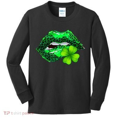 St Patrick's Day Leopard Print Lipstick Shamrock Kids Long Sleeve Shirt