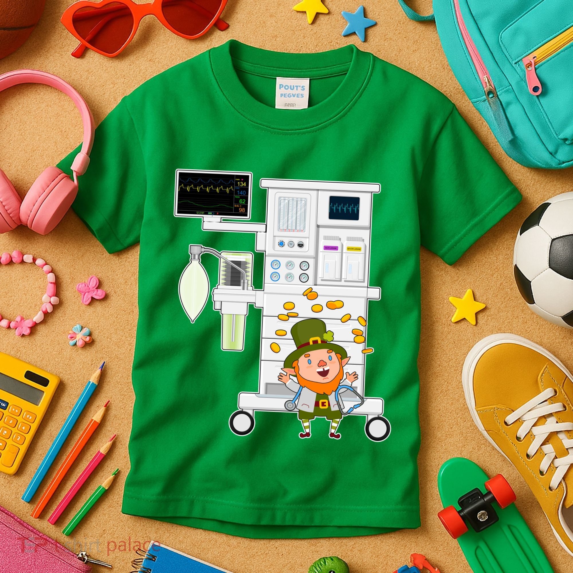 St Patrick's Day Leprechaun Anesthesia Machine Kids T-Shirt