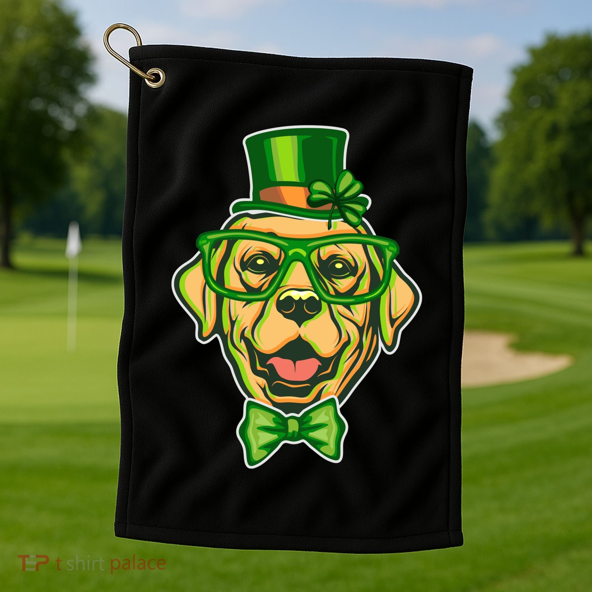 St Patrick's Day Lucky Golden Retriever Dog Golf Towel