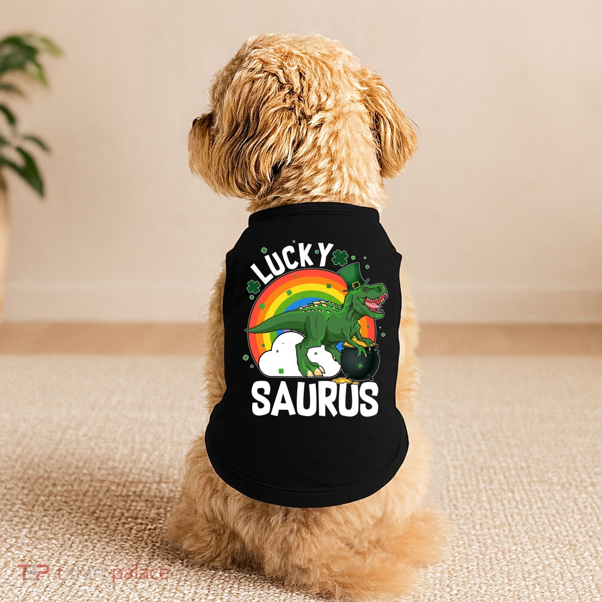 St Patrick's Day Lucky Saurus T-Rex With Pot Of Gold Doggie Tank