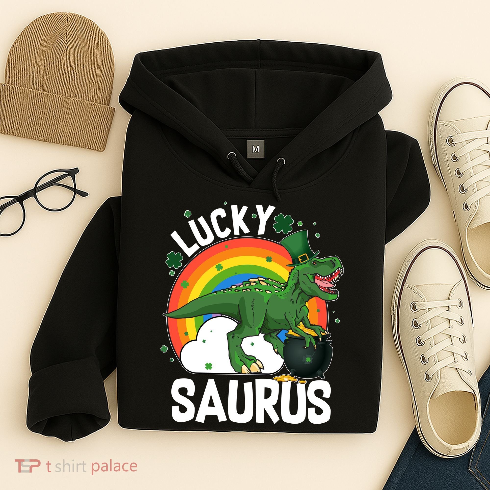 St Patrick's Day Lucky Saurus T-Rex With Pot Of Gold Hoodie