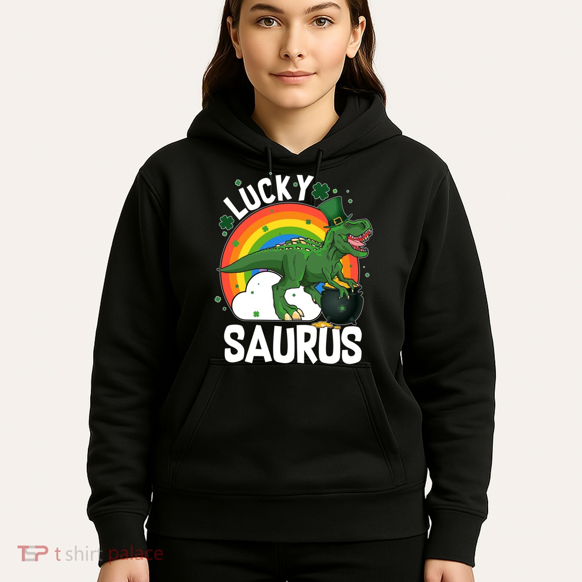 St Patrick's Day Lucky Saurus T-Rex With Pot Of Gold Hoodie