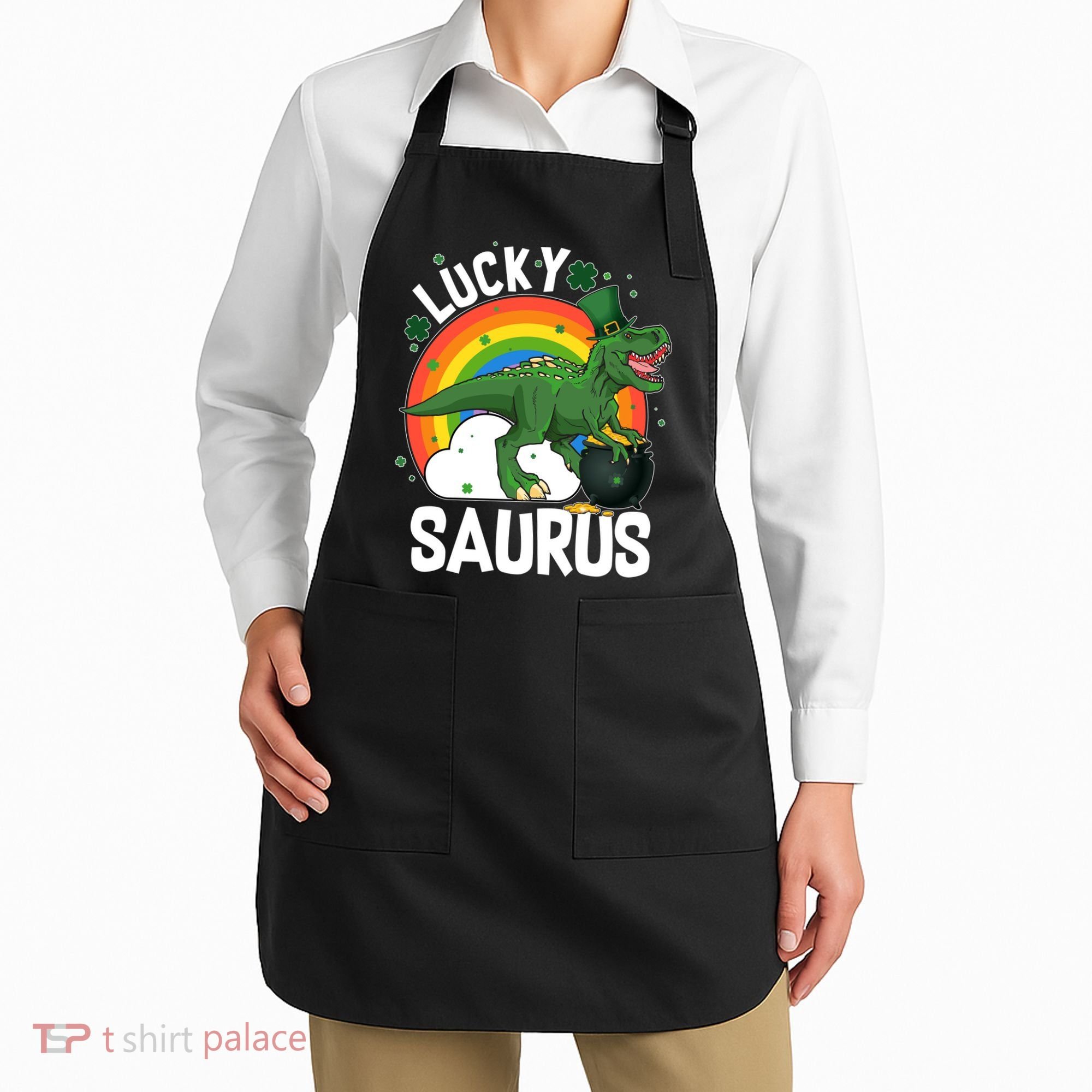 St Patrick's Day Lucky Saurus T-Rex With Pot Of Gold Apron