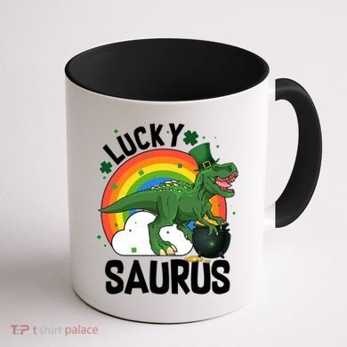 St Patrick's Day Lucky Saurus T-Rex With Pot Of Gold Coffee Mug back