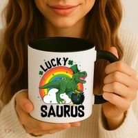 St Patrick's Day Lucky Saurus T-Rex With Pot Of Gold Coffee Mug thumb 3