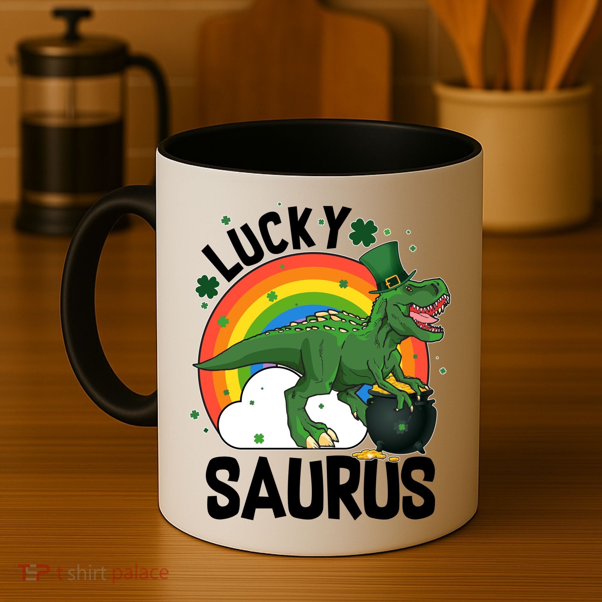 St Patrick's Day Lucky Saurus T-Rex With Pot Of Gold Coffee Mug