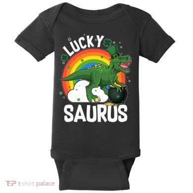 St Patrick's Day Lucky Saurus T-Rex With Pot Of Gold Baby Bodysuit