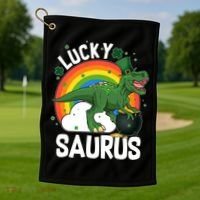 St Patrick's Day Lucky Saurus T-Rex With Pot Of Gold Golf Towel thumb 1