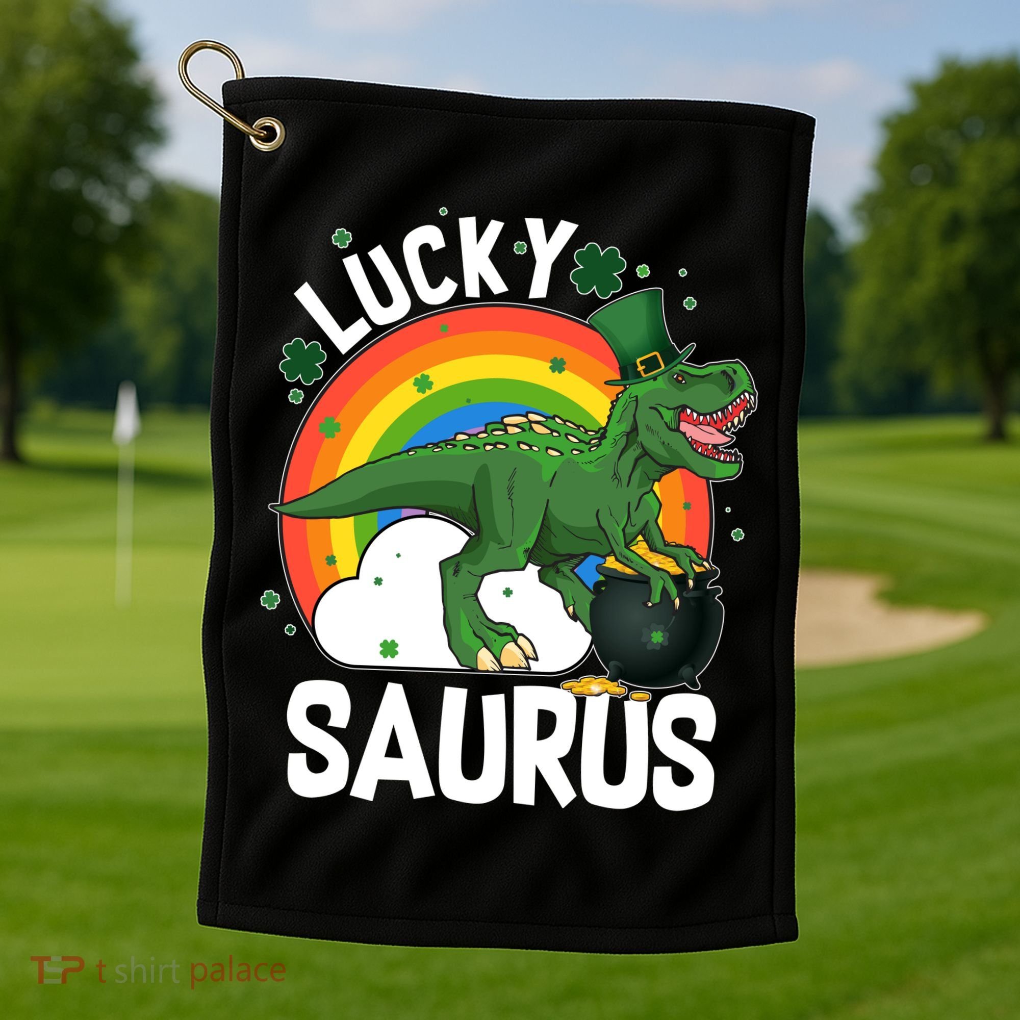 St Patrick's Day Lucky Saurus T-Rex With Pot Of Gold Golf Towel