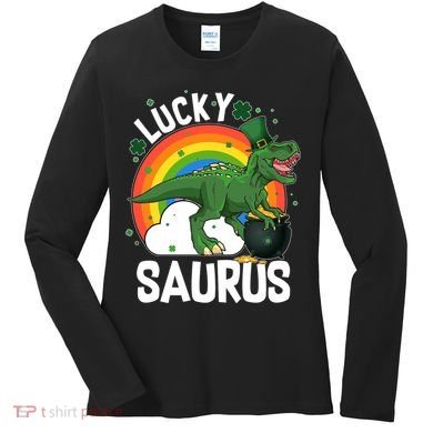 St Patrick's Day Lucky Saurus T-Rex With Pot Of Gold Women's Long Sleeve Shirt