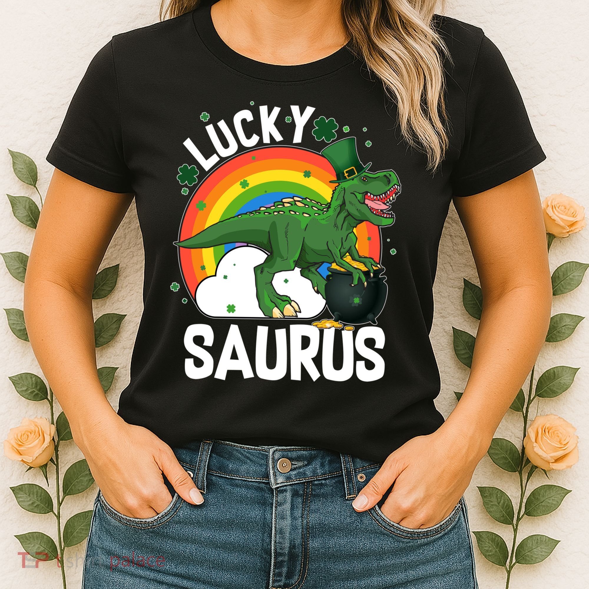 St Patrick's Day Lucky Saurus T-Rex With Pot Of Gold Women's T-Shirt