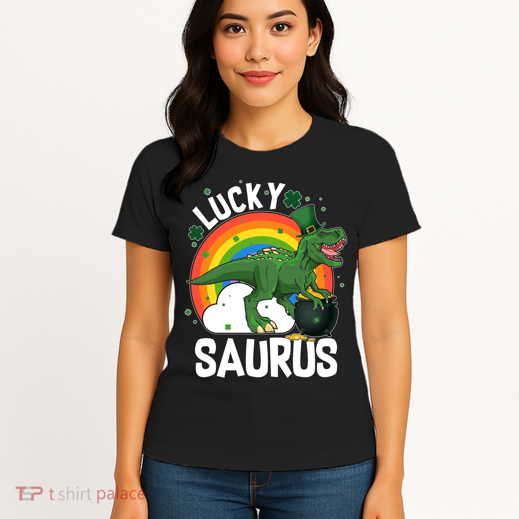 St Patrick's Day Lucky Saurus T-Rex With Pot Of Gold Women's T-Shirt