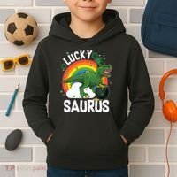 St Patrick's Day Lucky Saurus T-Rex With Pot Of Gold Kids Hoodie thumb 2