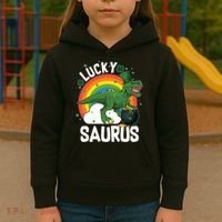 St Patrick's Day Lucky Saurus T-Rex With Pot Of Gold Kids Hoodie thumb 3