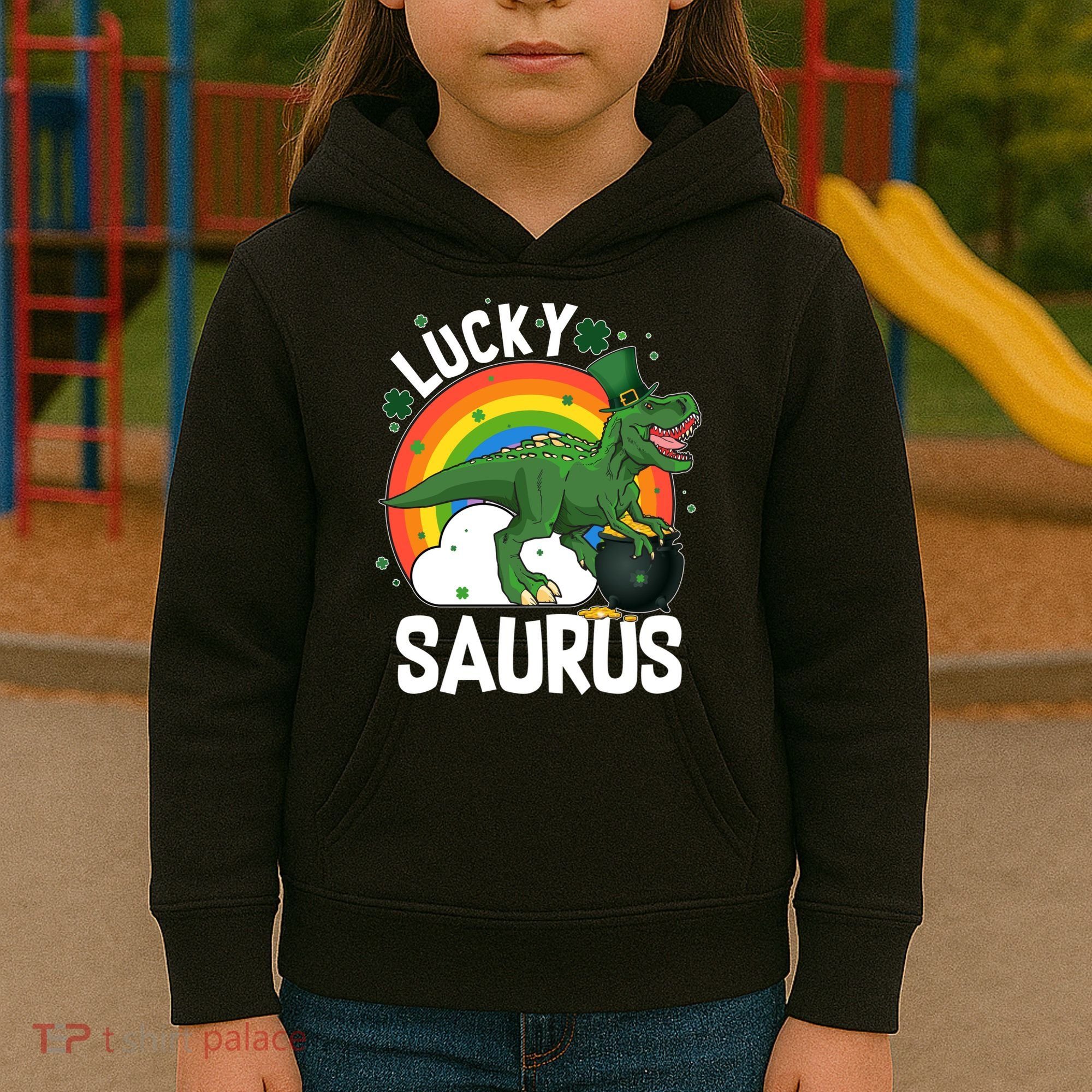 St Patrick's Day Lucky Saurus T-Rex With Pot Of Gold Kids Hoodie