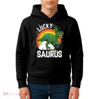 St Patrick's Day Lucky Saurus T-Rex With Pot Of Gold Kids Hoodie thumb 4