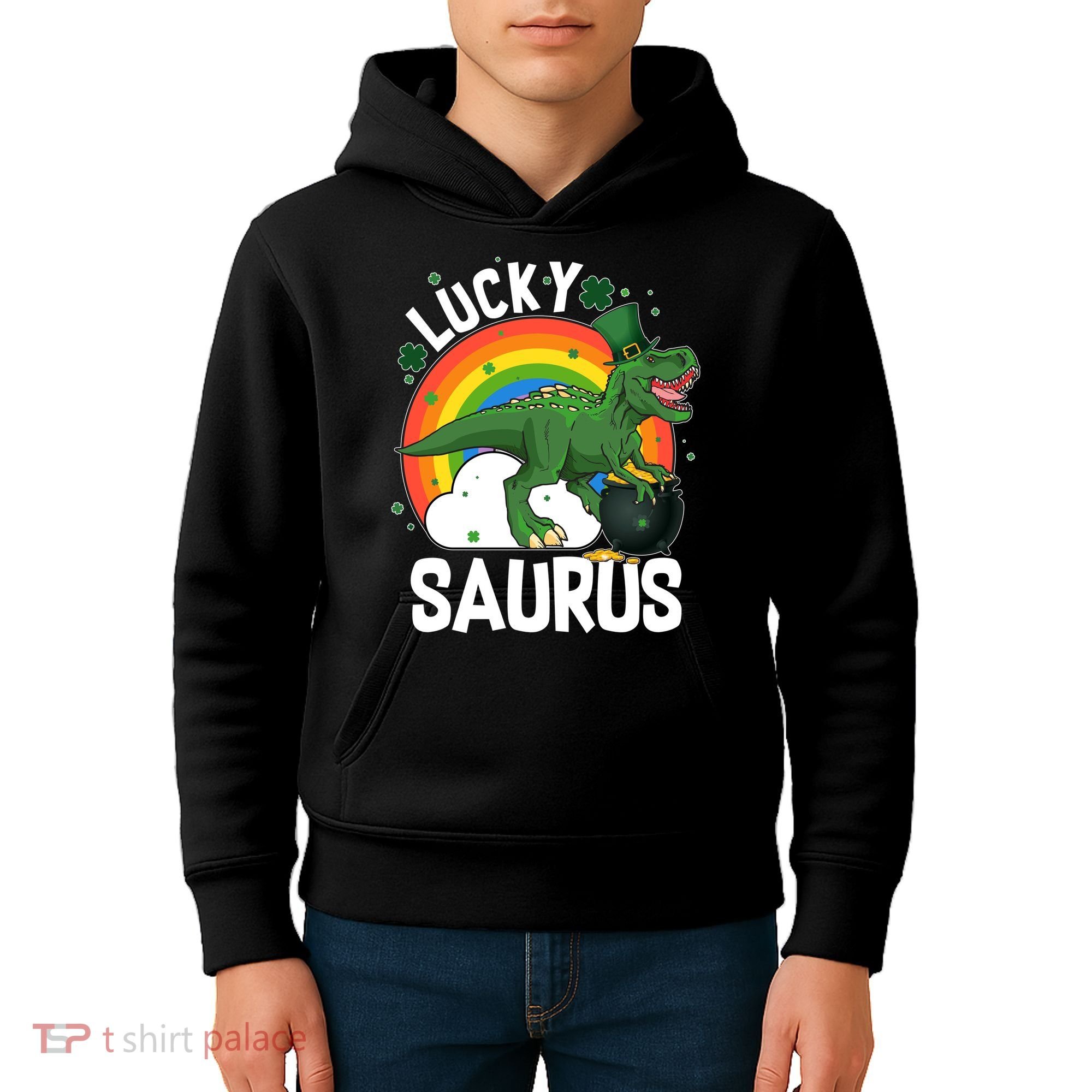St Patrick's Day Lucky Saurus T-Rex With Pot Of Gold Kids Hoodie