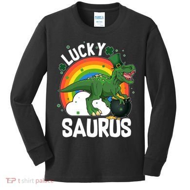 St Patrick's Day Lucky Saurus T-Rex With Pot Of Gold Kids Long Sleeve Shirt
