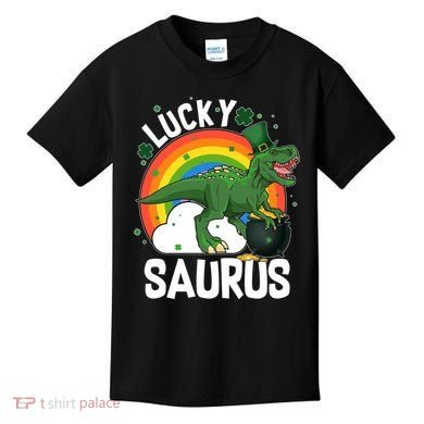 St Patrick's Day Lucky Saurus T-Rex With Pot Of Gold Kids T-Shirt