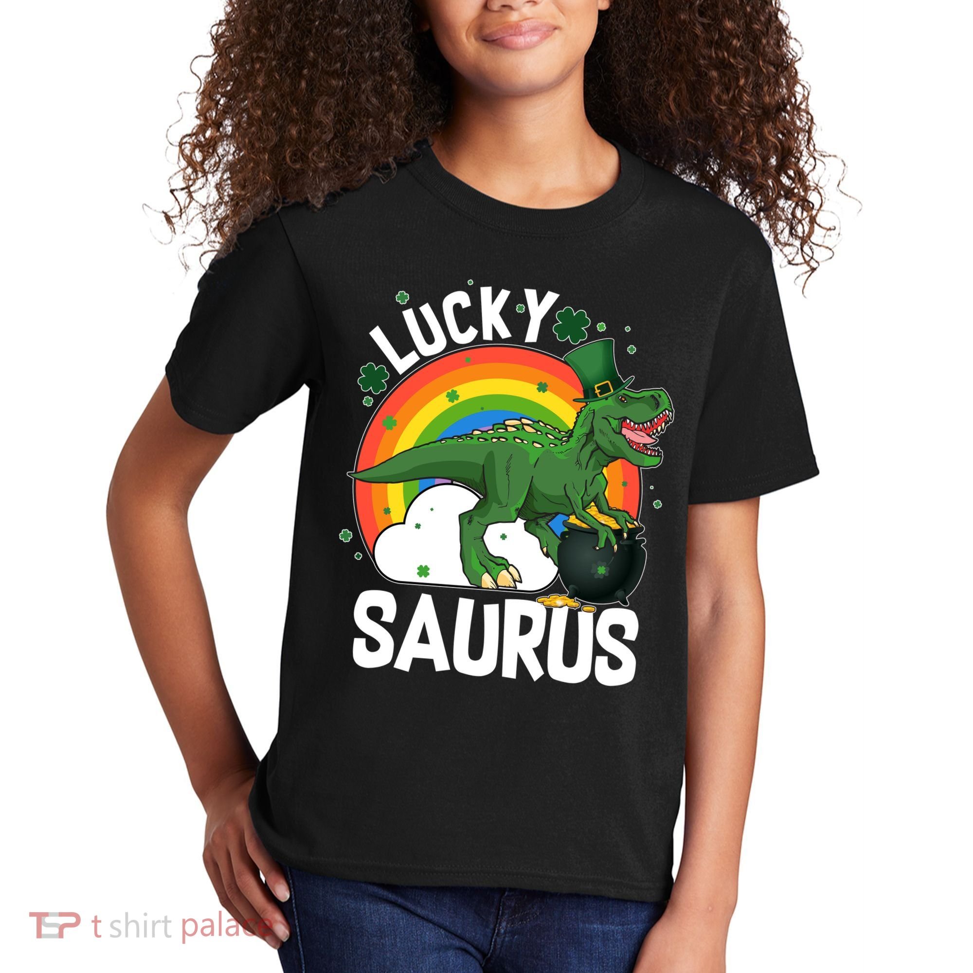 St Patrick's Day Lucky Saurus T-Rex With Pot Of Gold Kids T-Shirt