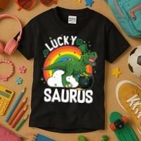St Patrick's Day Lucky Saurus T-Rex With Pot Of Gold Kids T-Shirt thumb 3
