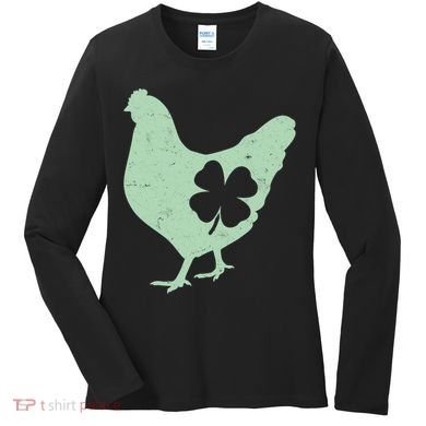 St Patrick's Day Lucky Shamrock Clover Chicken Women's Long Sleeve Shirt