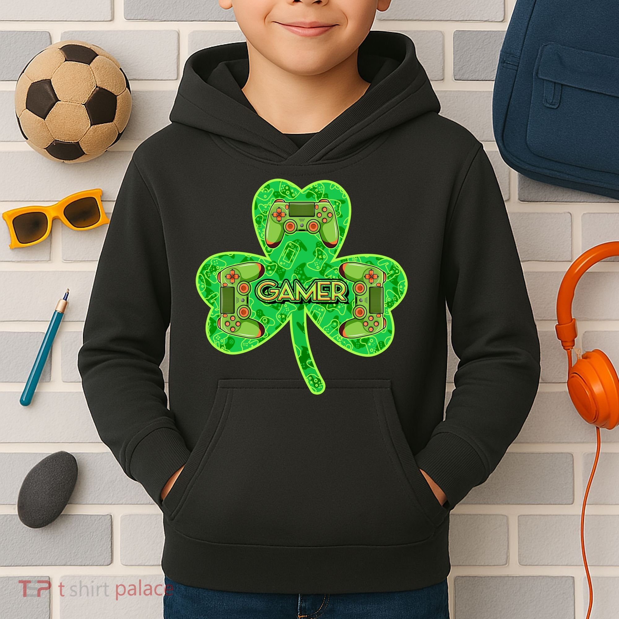 St Patrick's Day Shamrock Gamer Kids Hoodie