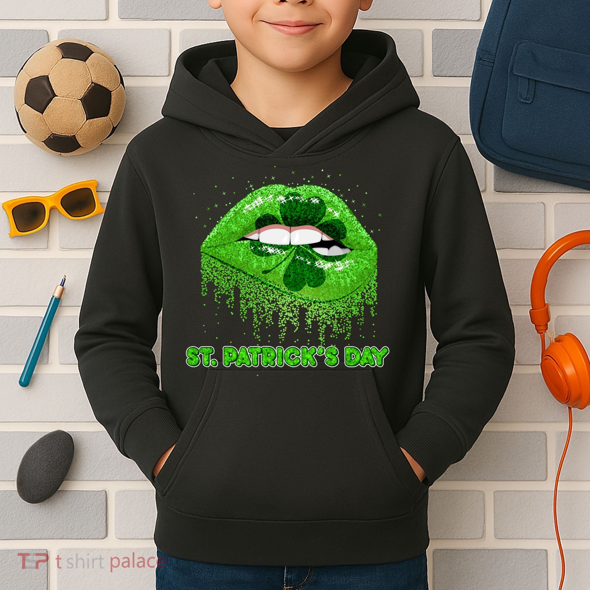 St Patrick's Day Shamrock Irish Lips Kids Hoodie