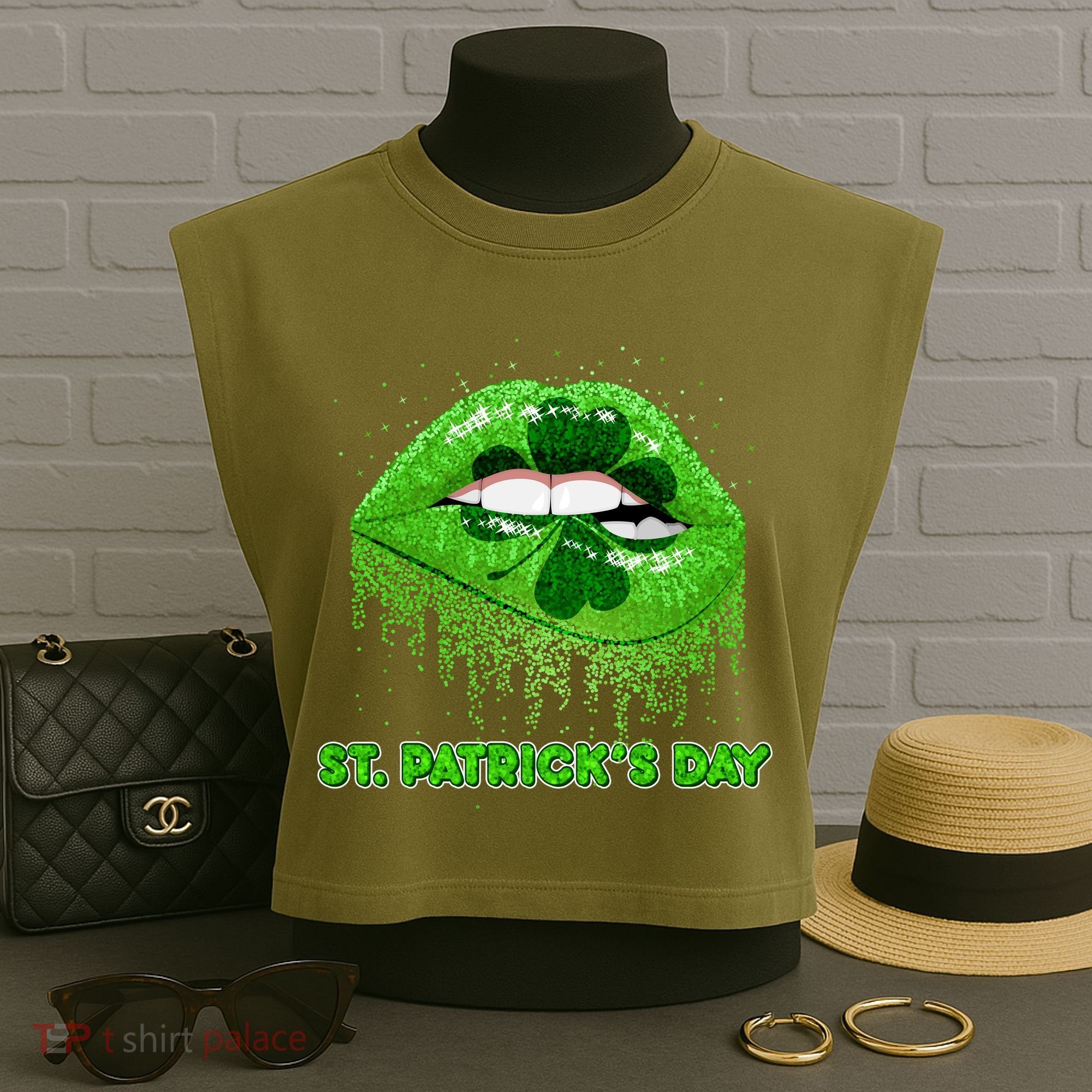 St Patrick's Day Shamrock Irish Lips Garment-Dyed Women's Muscle Tee