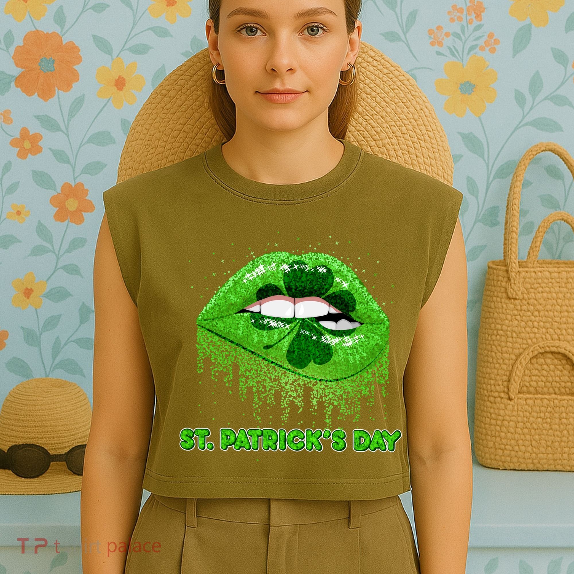 St Patrick's Day Shamrock Irish Lips Garment-Dyed Women's Muscle Tee