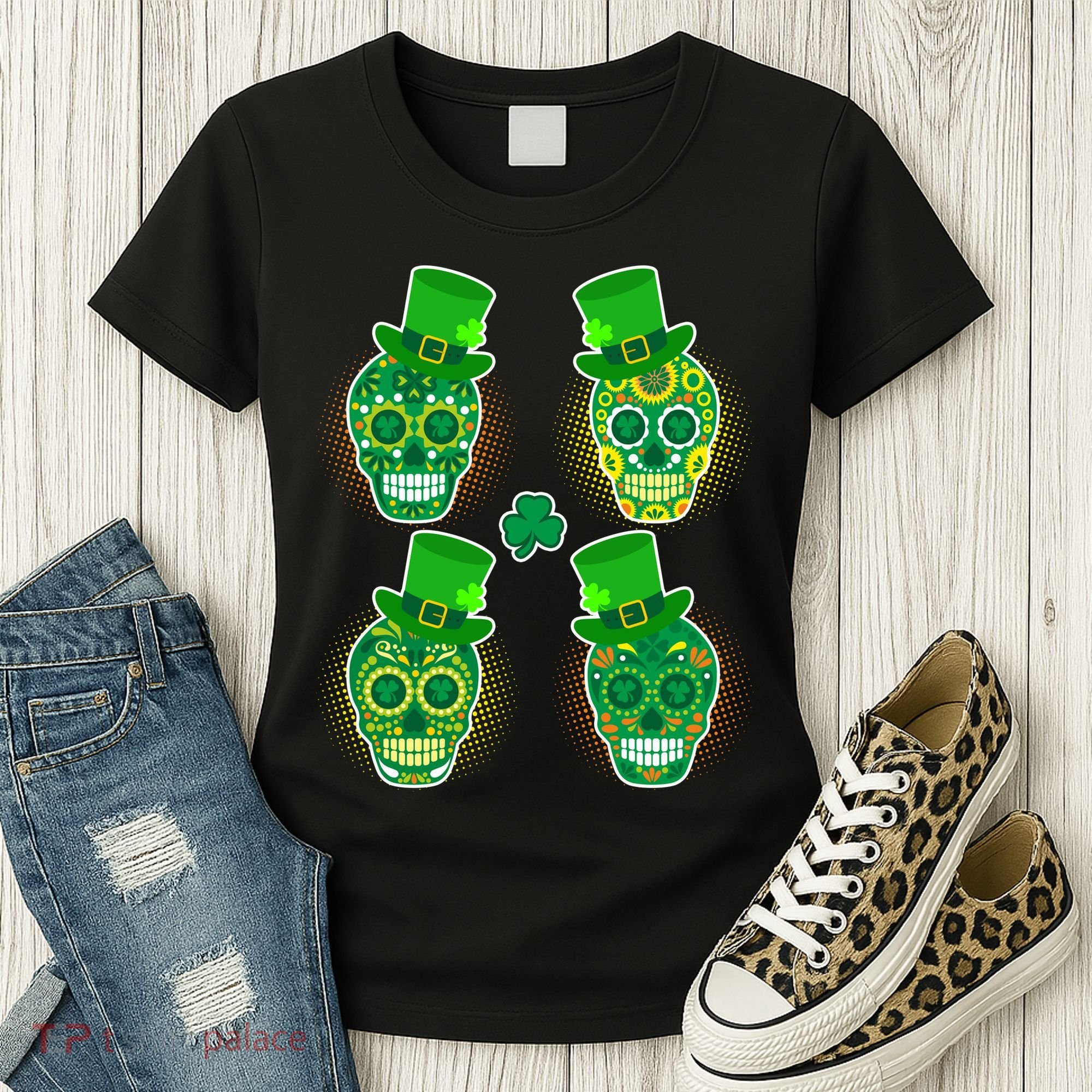 St Patrick's Day Sugar Skulls Women's T-Shirt