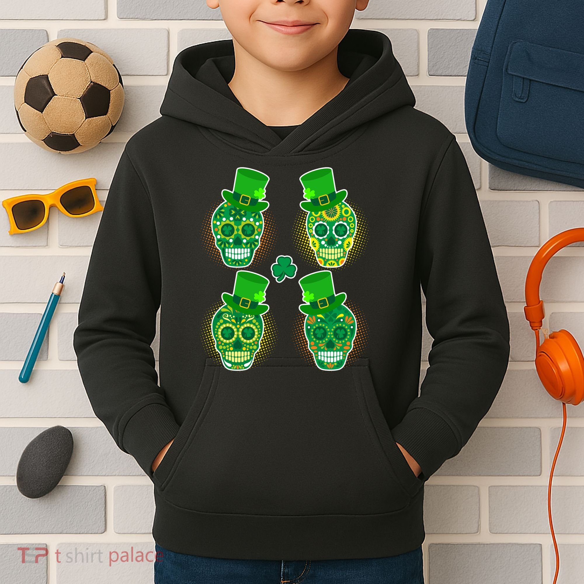 St Patrick's Day Sugar Skulls Kids Hoodie