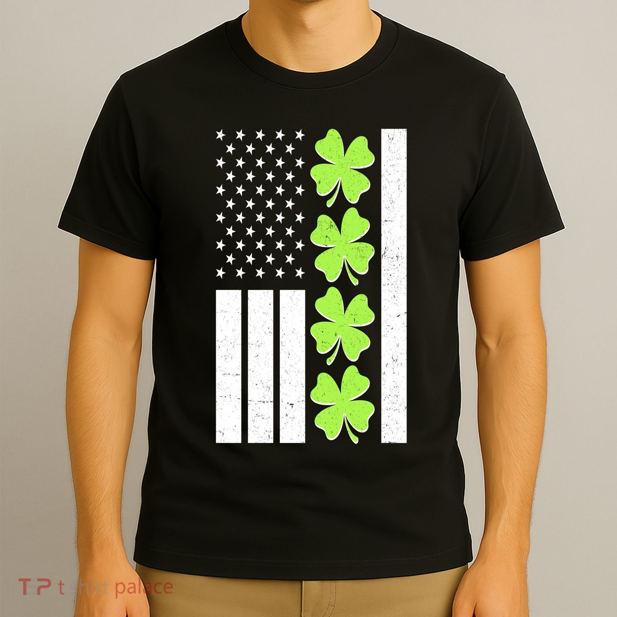 St Patrick's Day USA American Flag Shamrock Clovers T-Shirt