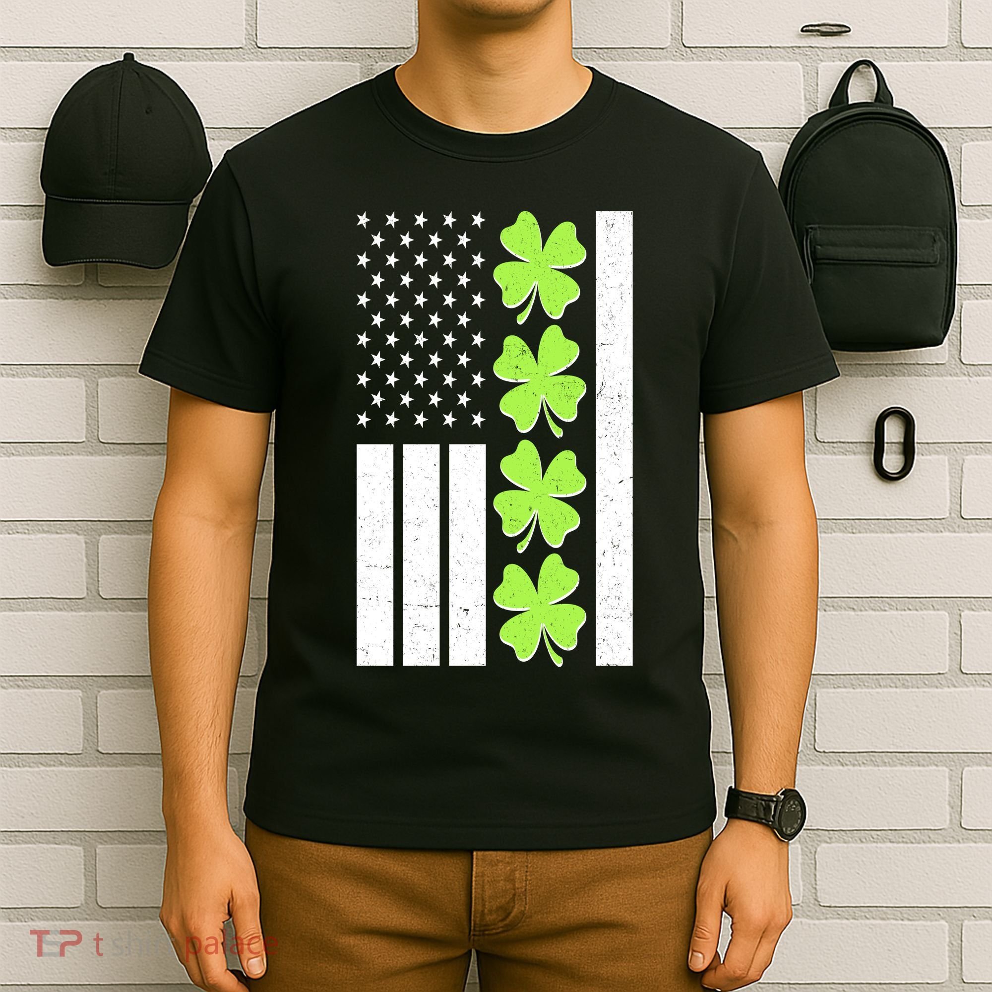 St Patrick's Day USA American Flag Shamrock Clovers T-Shirt