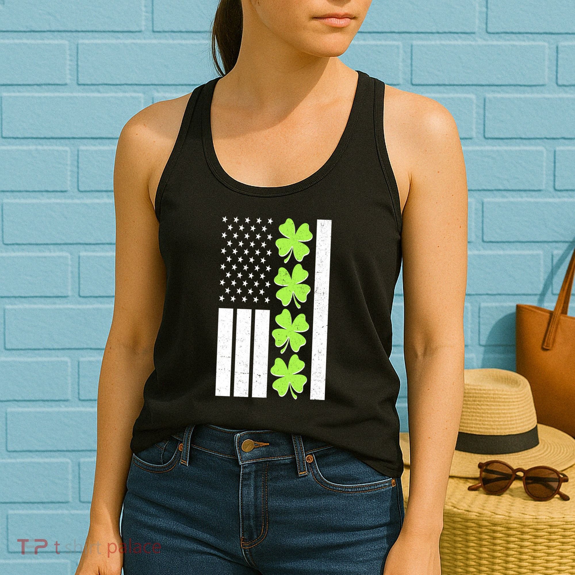 St Patrick's Day USA American Flag Shamrock Clovers Women's Tank Top