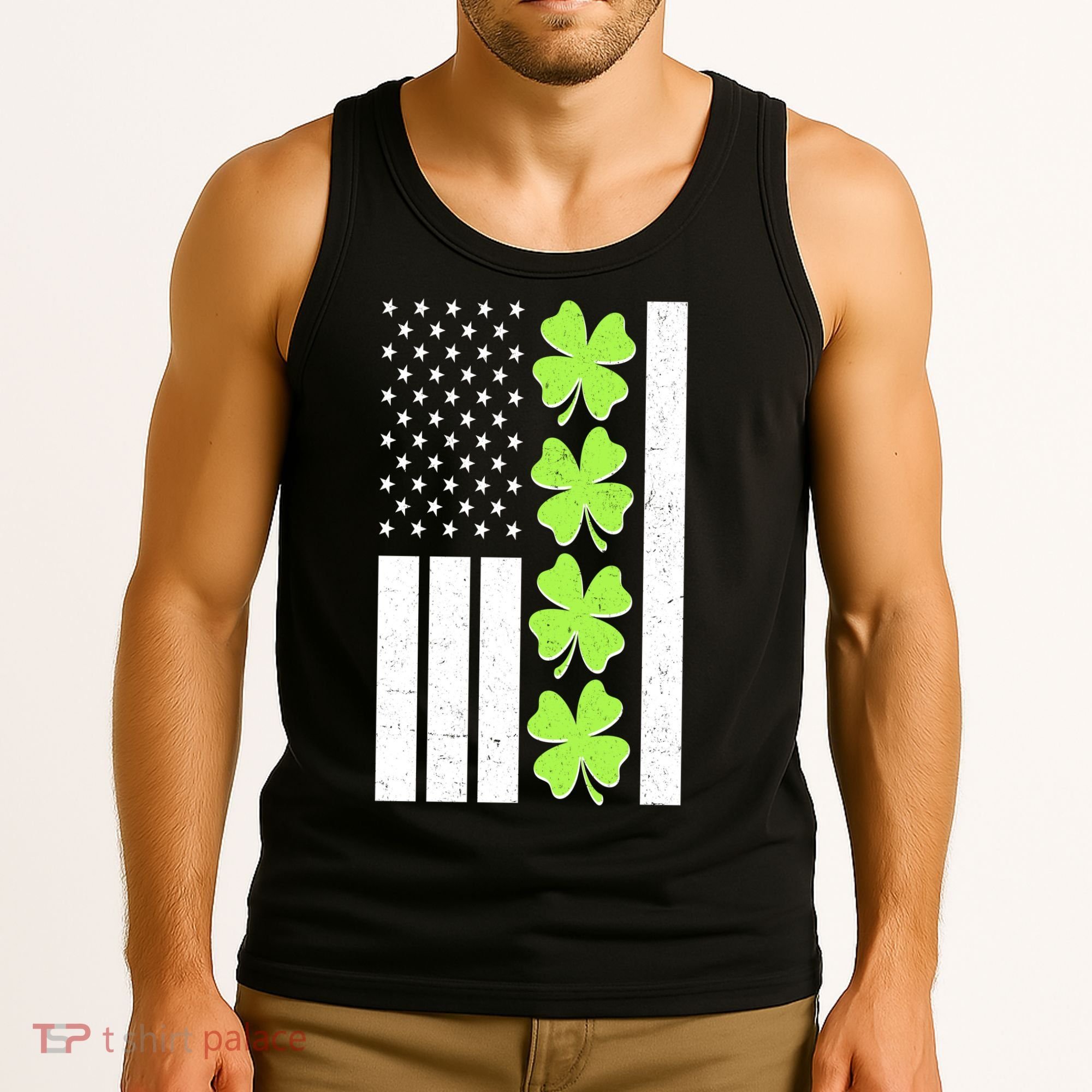 St Patrick's Day USA American Flag Shamrock Clovers Tank Top