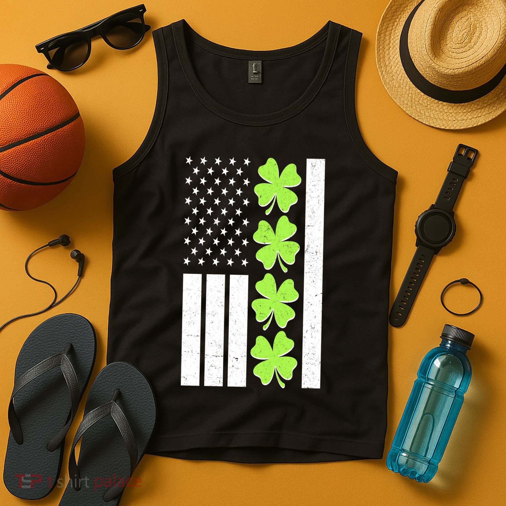 St Patrick's Day USA American Flag Shamrock Clovers Tank Top