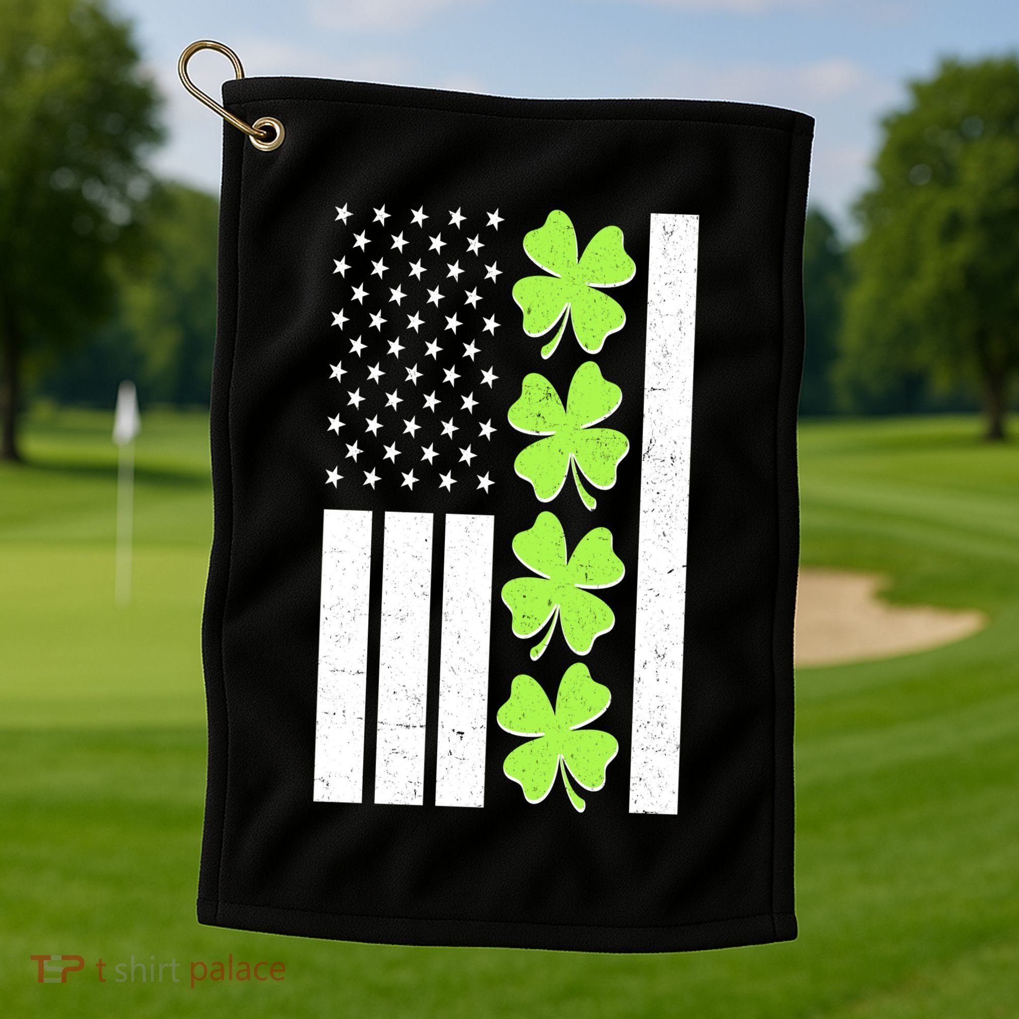 St Patrick's Day USA American Flag Shamrock Clovers Golf Towel