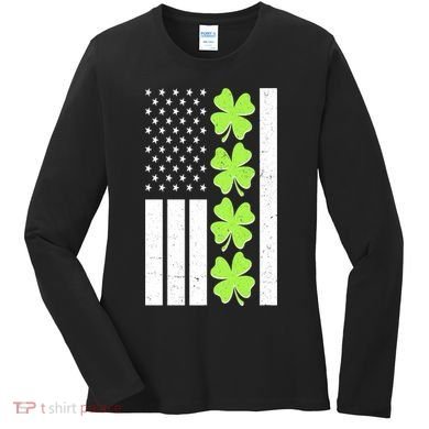 St Patrick's Day USA American Flag Shamrock Clovers Women's Long Sleeve Shirt