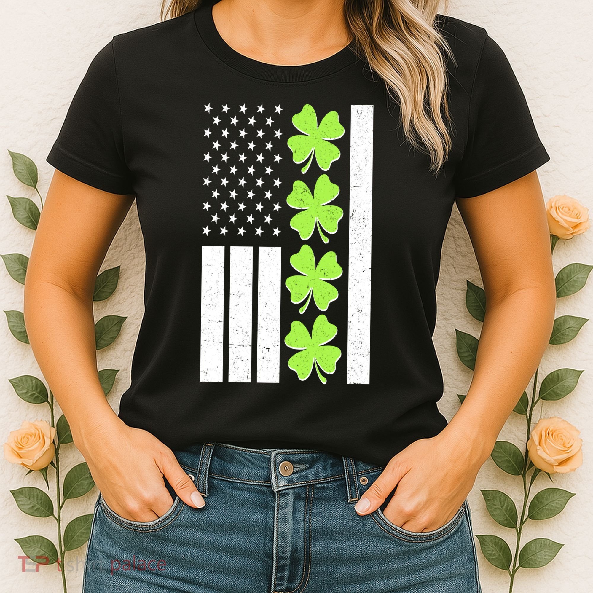 St Patrick's Day USA American Flag Shamrock Clovers Women's T-Shirt