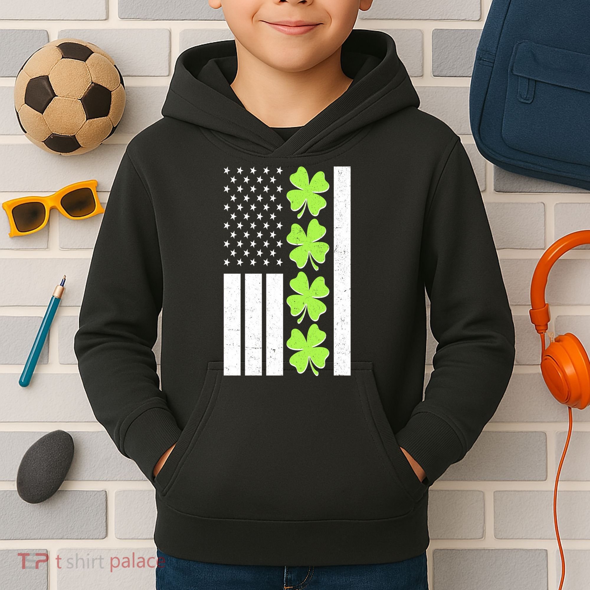St Patrick's Day USA American Flag Shamrock Clovers Kids Hoodie
