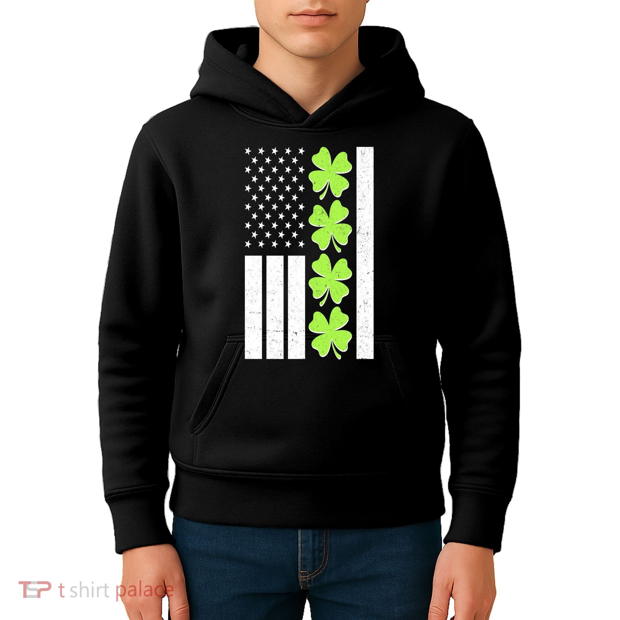St Patrick's Day USA American Flag Shamrock Clovers Kids Hoodie