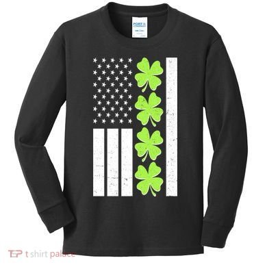 St Patrick's Day USA American Flag Shamrock Clovers Kids Long Sleeve Shirt