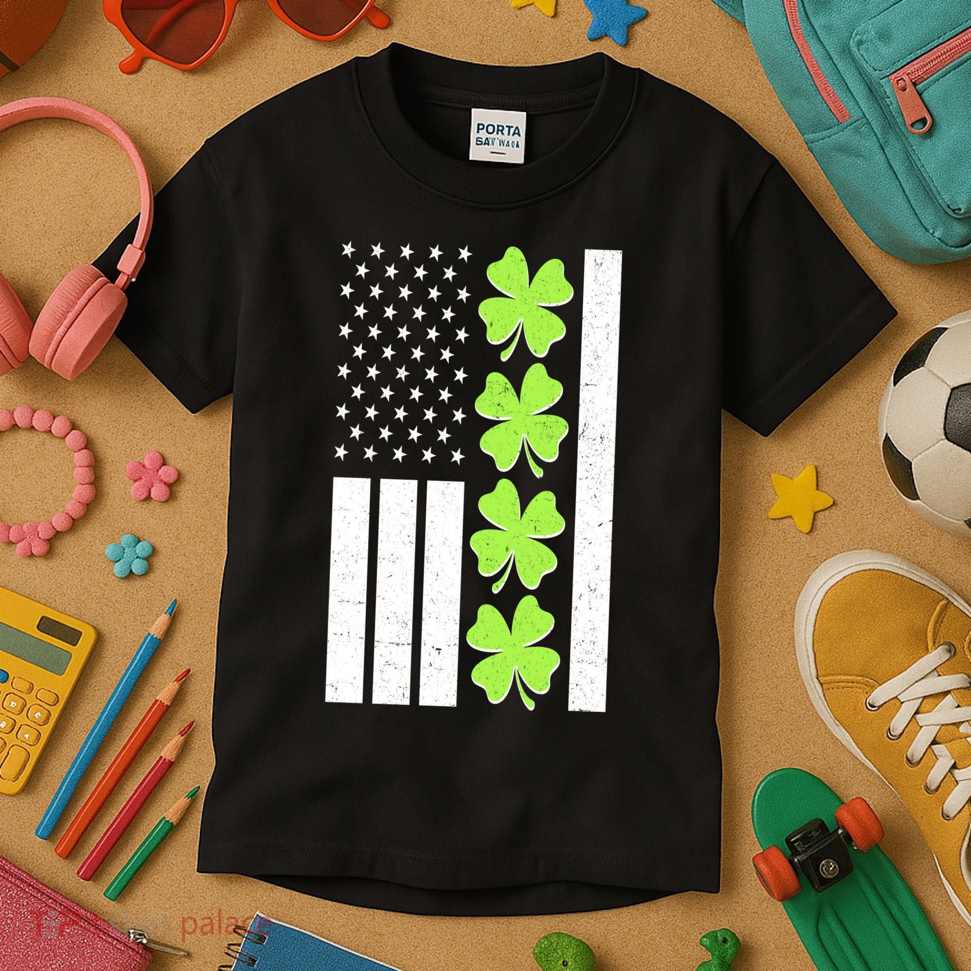 St Patrick's Day USA American Flag Shamrock Clovers Kids T-Shirt