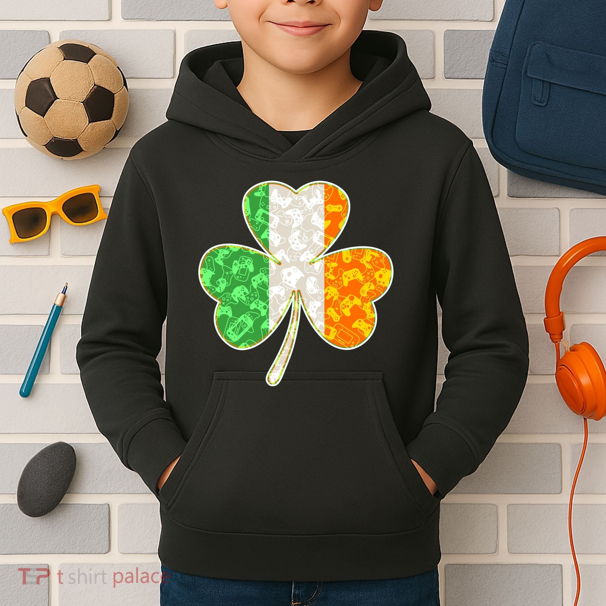 St Patrick's Day Video Gamer Shamrock Clover Kids Hoodie