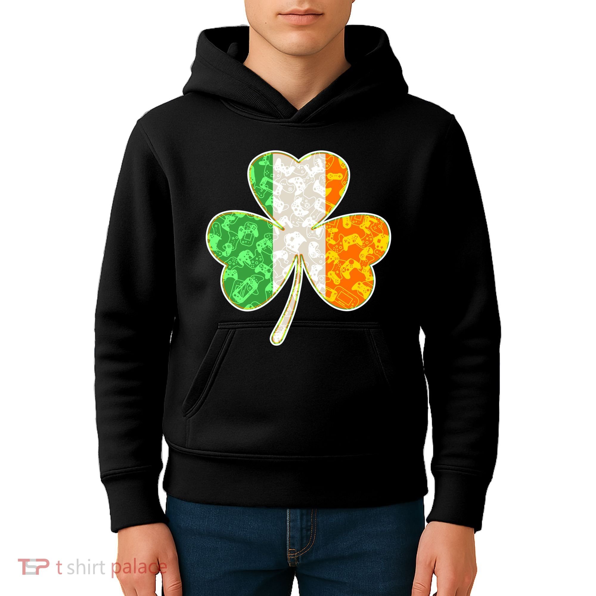 St Patrick's Day Video Gamer Shamrock Clover Kids Hoodie