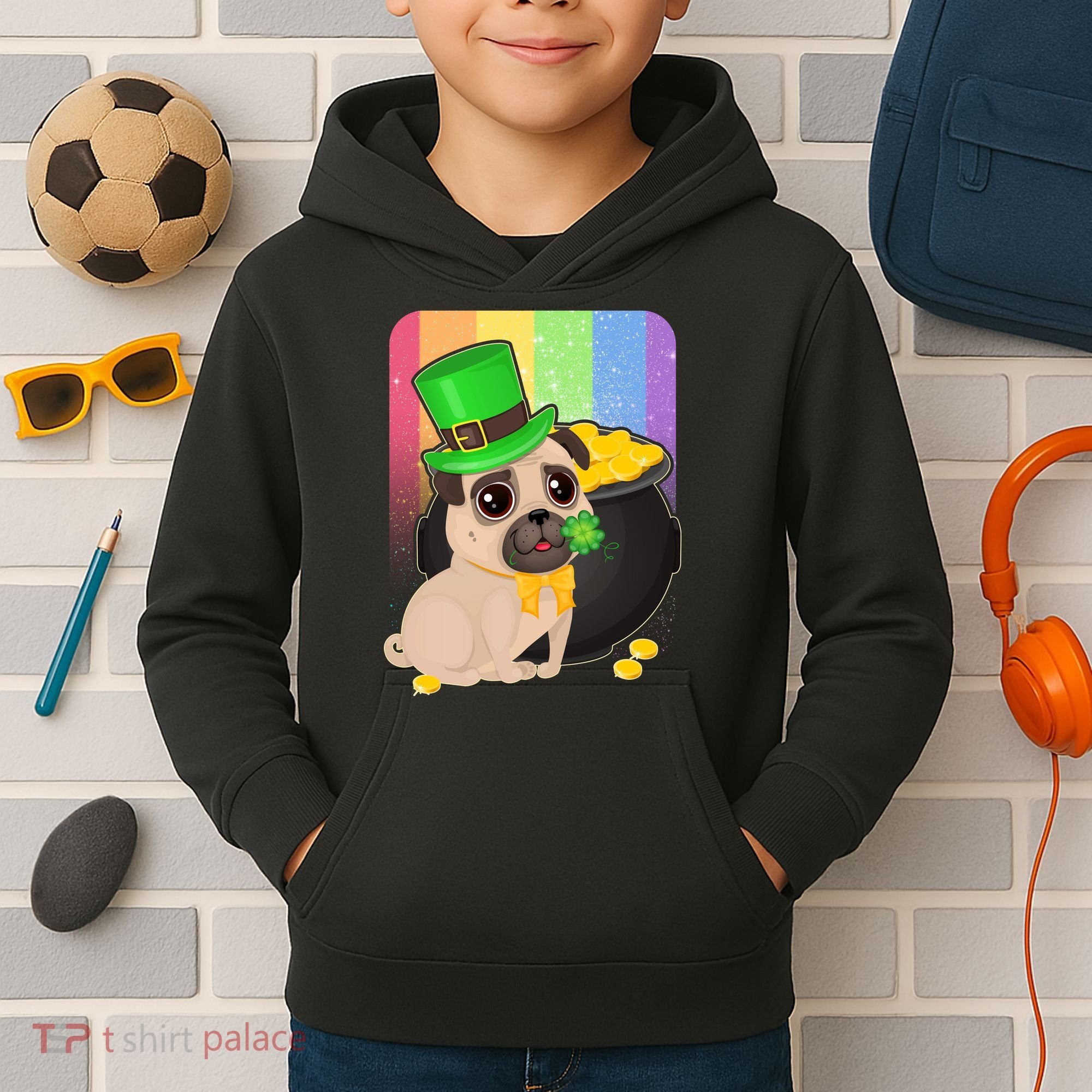 St Patrick's Pug Pot Of Gold Kids Hoodie
