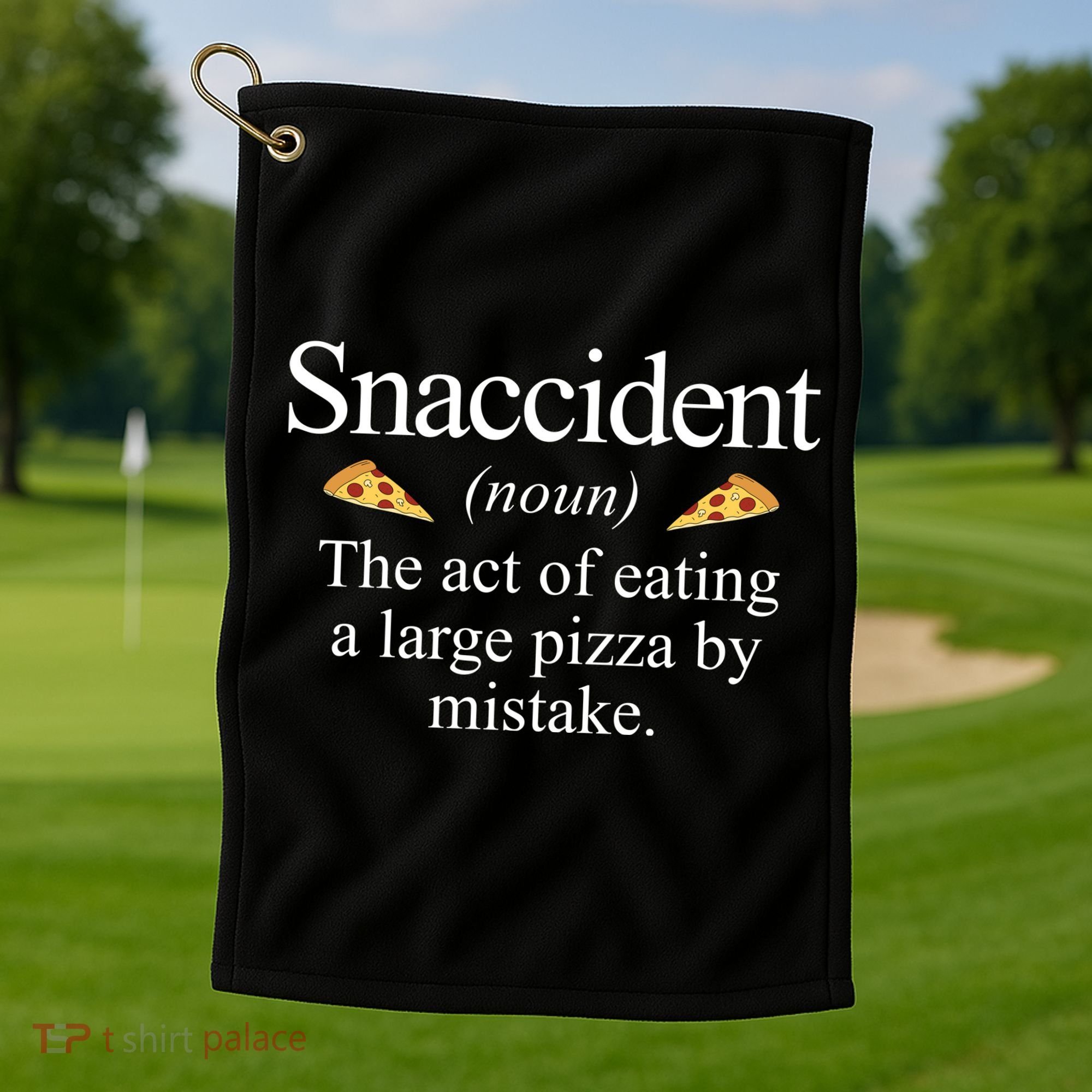 Snaccident The Act Of Eating A Large Pizza By Mistake Golf Towel