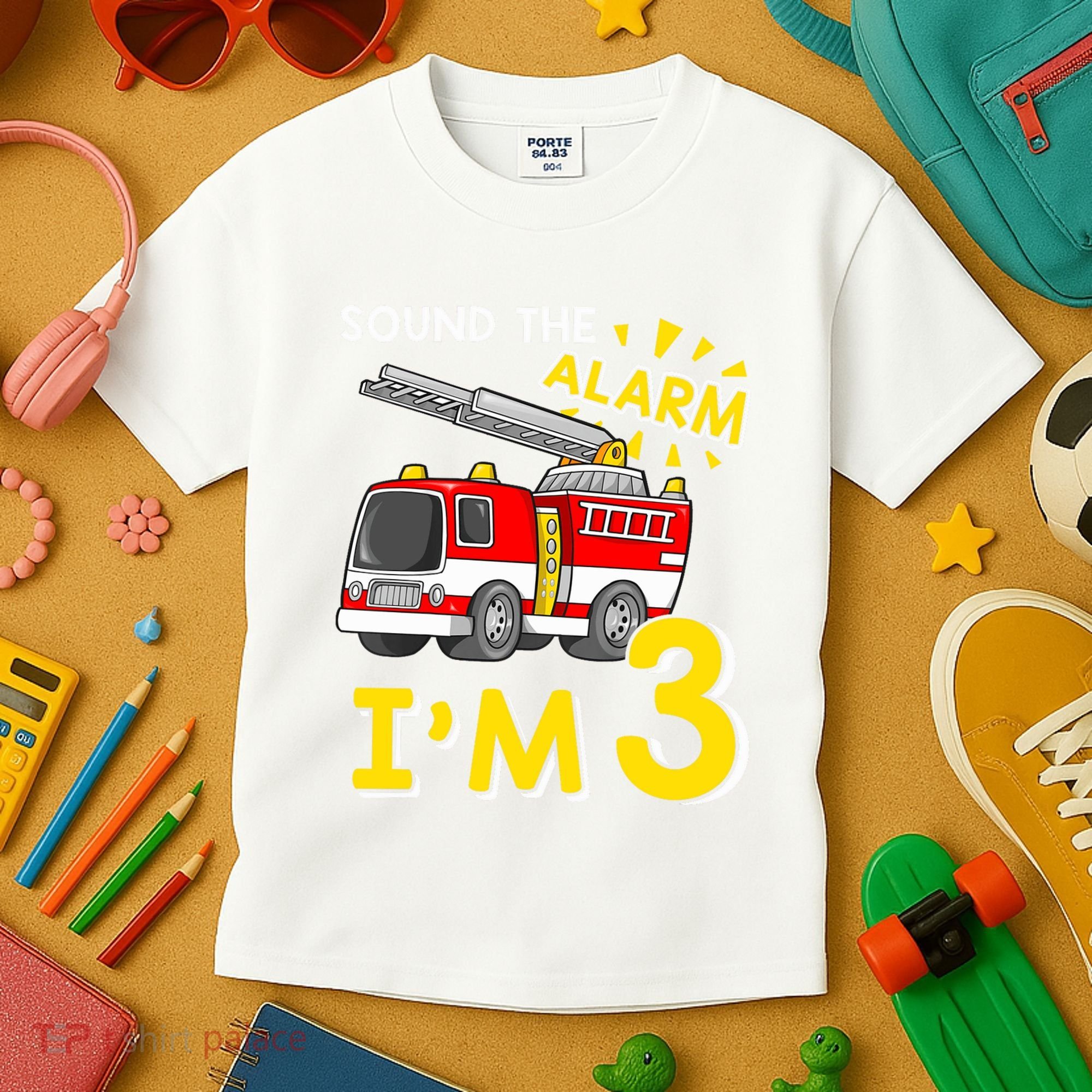Sound The Alarm Im Three 3rd Birthday Firefighter Lover Kids T-Shirt