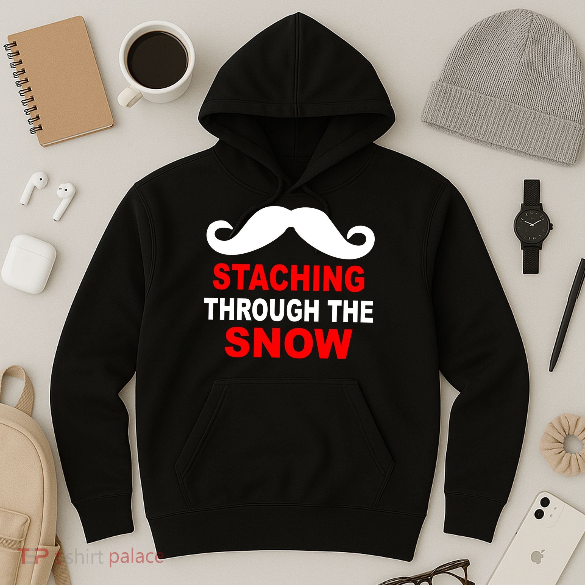 Staching Through The Snow Moustache Funny Christmas Hoodie